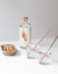 Virgin Gin Tonic - a clear, colorless alcoholic beverage with a botanical flavor, served in a glass with ice and garnished with a lemon twist.
