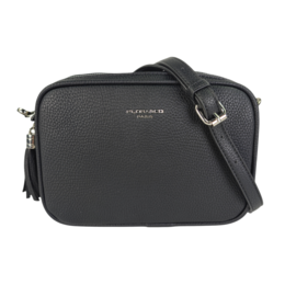 Black leather cross-body bag with adjustable strap and multiple zippered compartments.