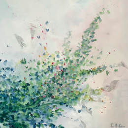 Colorful abstract artwork with butterflies and nature-inspired elements. Suitable for greeting cards, posters, or other artistic products.