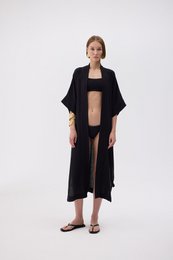  Black linen kimono with 32% linen and 68% cotton, featuring a loose, flowing design and an open front.