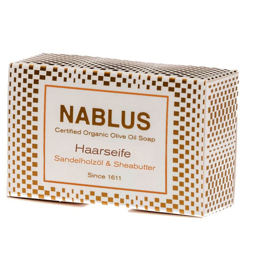 Jabón Nablus Jabón de aceite de oliva orgánico Jabón para el cabello Aceite de sándalo y manteca de karité, 100 g
