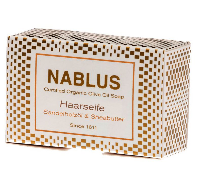 Nablus Soap Savon à l'huile d'olive biologique Savon capillaire Huile de bois de santal et beurre de karité, 100 g