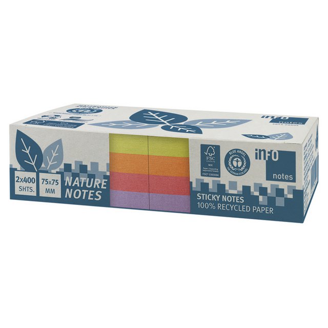Info notes 75x75mm, 2 x 400 blaadjes, 4 kleuren, blauwe engel.