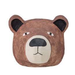  A round, plush brown bear-shaped wall decor made of paper mache, suitable for decorating a child's room.