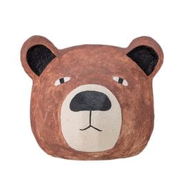 A round, plush brown bear-shaped wall decor made of paper mache, suitable for decorating a child's room.