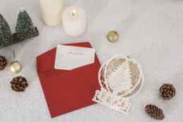 3D Pop up Christmas card with white Christmas trees and golden Christmas stars incl. message panel