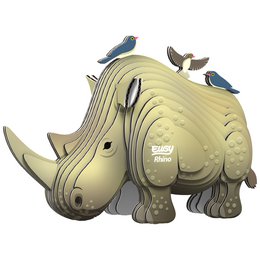 A large, round, gray rhinoceros-shaped DIY craft kit with birds perched on its back. The kit appears to be made of cardboard or a similar material and includes instructions and pieces to assemble the 3D rhinoceros figure.
