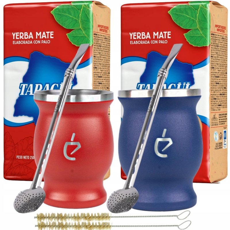 Yerba mate thee startset voor twee: inox calebasse, bombilla, borstel en yerba taragui