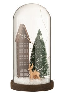 J -Line Dekoration Stolp Haus Weihnachten - Glas/Holz - Braun/Grün - L - LED