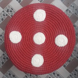 Luna-Leena stool with a mushroom cover red -  cotton & wood - hand crocheted in Nepal