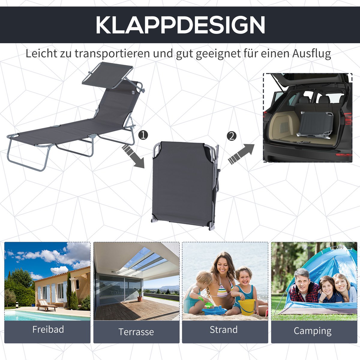  Sonnenliege klappbar Gartenliege mit Dach, Liegestuhl mit 4-Fach verstellbare Rückenlehne, wetterfeste Campingliege bis 120 kg belastbar, für Garten Strand Pool, Rot