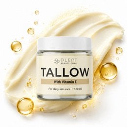 Tallow balm cream with vitamin E, oily skin care, moisturizer jar, beige color.