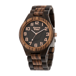 Wooden watch with a round case, analog display, and a wooden bracelet. The watch has a dark brown and light brown color scheme.
