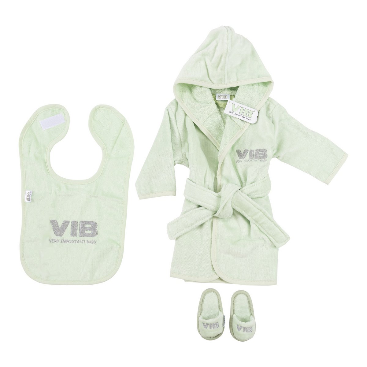 Geschenkset Mint: Bademantel 62-68/Lätzchen/Hausschuhe