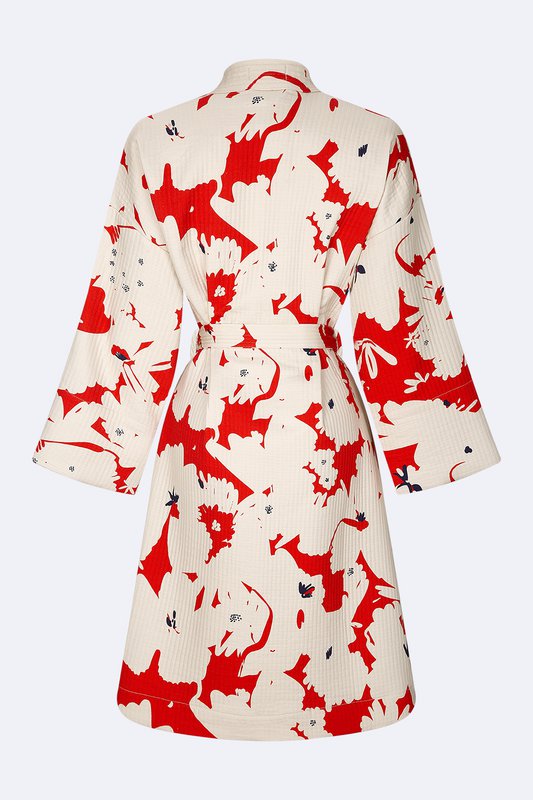 Kimono Sakura - 100% cotone con motivo contemporaneo in rosso sakura e bianco sporco, può essere utilizzato come accappatoio o per la casa ma anche come giacca