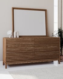 Ash wood dresser with six drawers in a roux finish. Rectangular shape with horizontal slat detailing on the front.