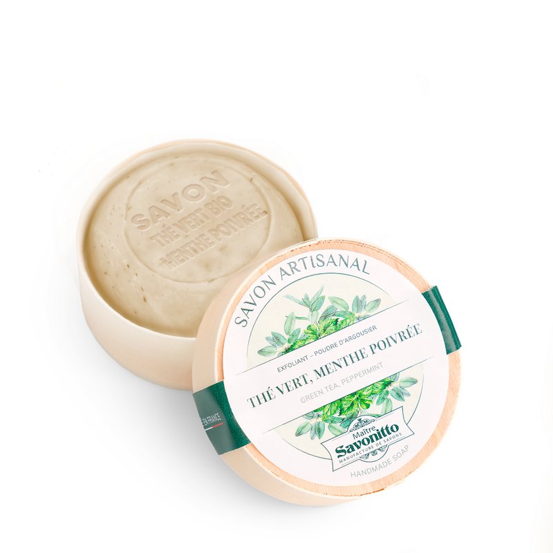 Green Tea & Peppermint Exfoliating Soap in wooden box 100g