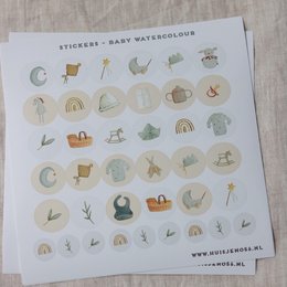 Watercolor stickers featuring various baby-themed icons and symbols, including a moon, sun, clouds, toys, and other whimsical designs.