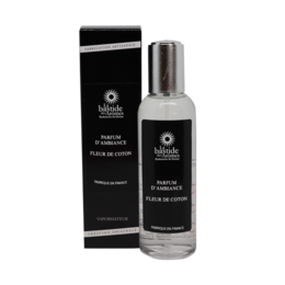 A 100ml room spray with a cotton flower scent. The spray is packaged in a sleek black bottle with a silver accent.