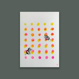 A colorful art print featuring a mouse surrounded by vibrant polka dots in various shades of yellow, orange, and pink. The mouse is the focal point of the image, adding a playful and whimsical element to the design.