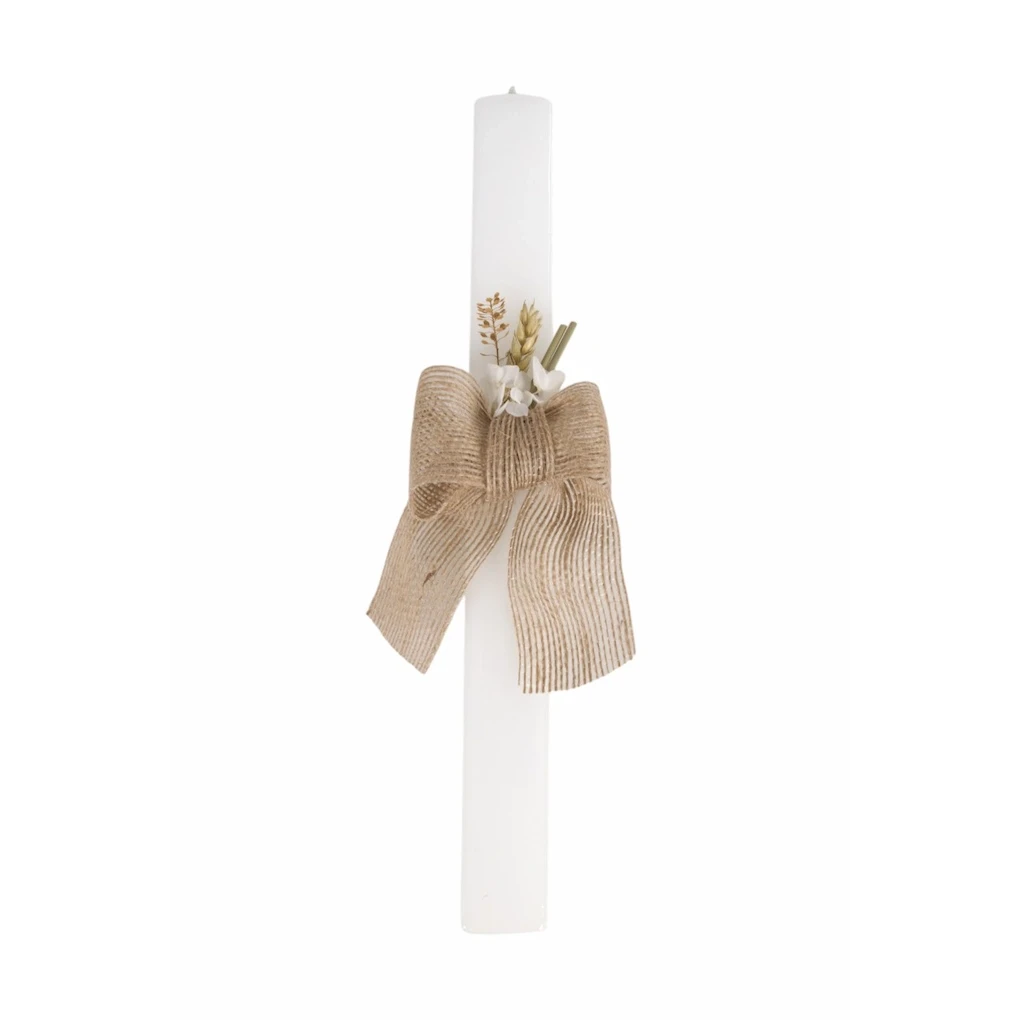 Candela da battesimo rustica, tela di iuta e fiori