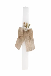 Tall white candle with rustic hessian bow and dried flowers decoration, natural beige burlap ribbon.