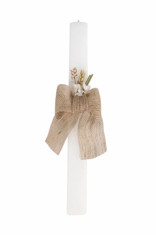 Candela da battesimo rustica, tela di iuta e fiori