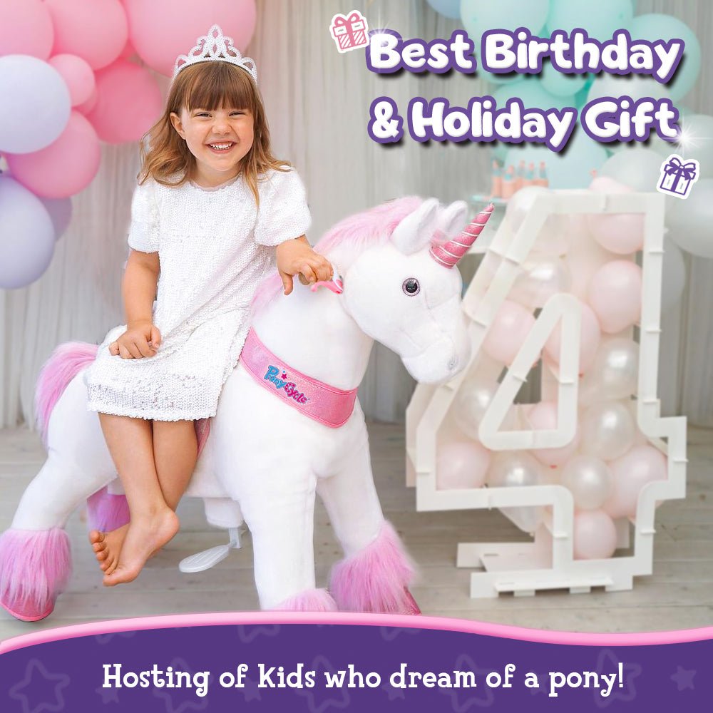 PonyCycle Official Classic Ride on Toys Modèle U Licorne blanche, rose et violette - avec frein et son