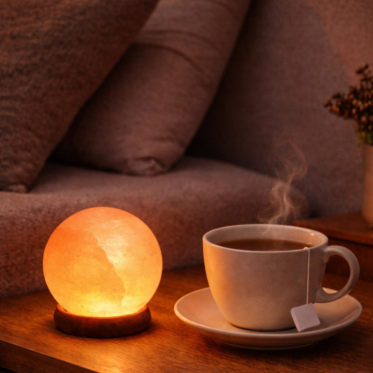 Lampe USB en Cristal de Sel d’Himalaya – Sphère 500g – Base en Bois – Objet de Décoration