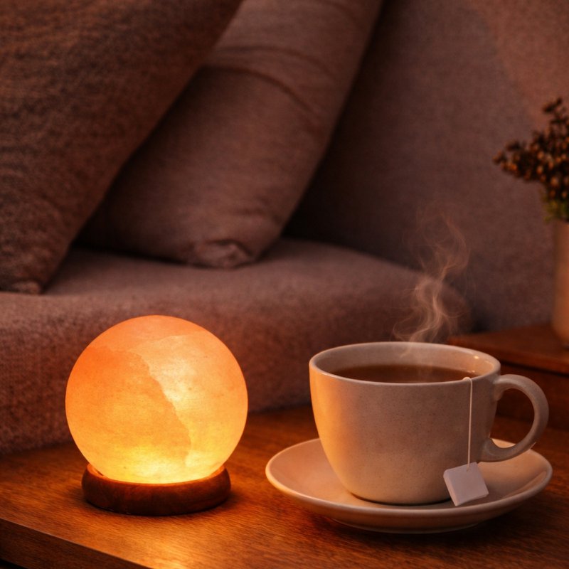 USB-lamp van Himalayazoutkristal – bol van 500 g – houten voet – decoratief object