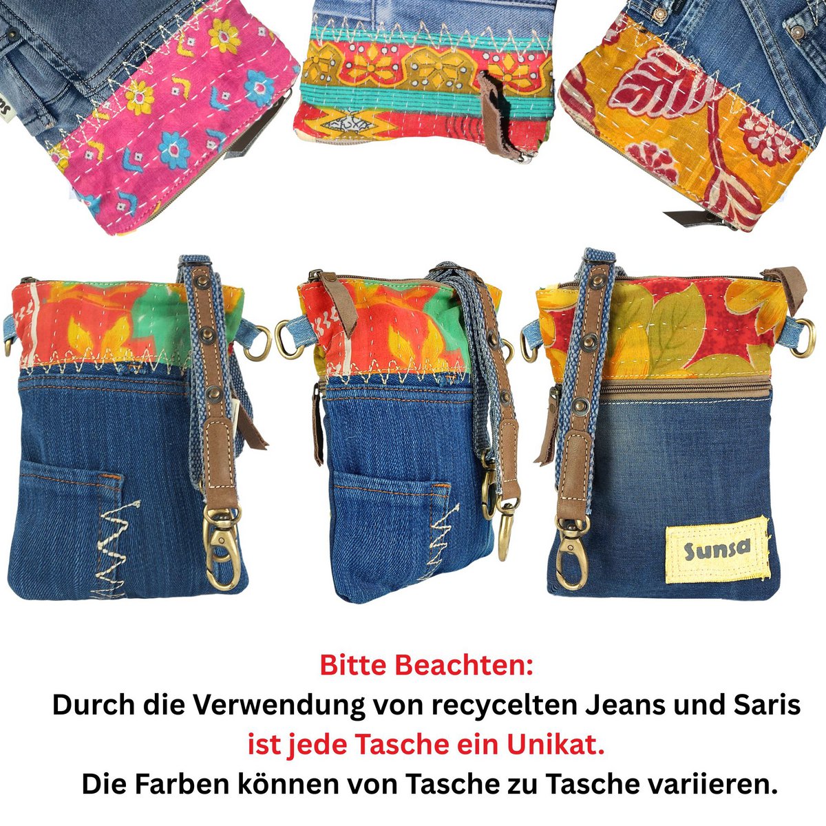 Petit sac bandoulière femme Sunsa. Sac bandoulière en jean et toile upcyclés. Sac à main style rétro vintage. Sac bandoulière pour femme.
