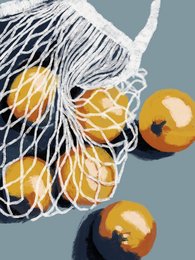 Vibrant oranges in a mesh bag, showcasing their natural beauty and texture. This poster would make a striking addition to any kitchen or dining space.