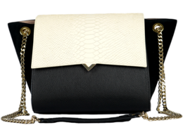 Black leather handbag with white lizard skin flap, gold-tone hardware, and chain strap.