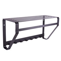 Black metal coat rack with horizontal slats for hanging coats, jackets, and other items. Sturdy and durable design suitable for entryways, mudrooms, or other storage areas.