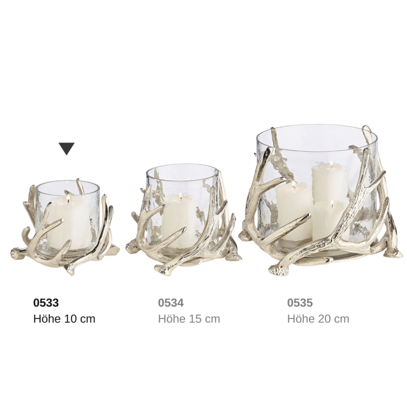 EDZARD lantern Kingston, antler design, aluminum, silver-colored, with glass, height 13 cm, ø 15 cm