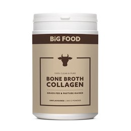 Bone broth collagen powder, white container, brown label, health supplement, unflavored.