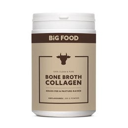 Bone broth collagen powder, white container, brown label, health supplement, unflavored.