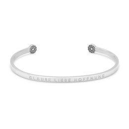A delicate, open-ended charm bracelet featuring the words "Faith Love Hope" engraved on the band. Available in silver, gold, and rose gold finishes.