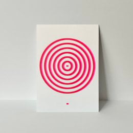 Pink and red concentric circles, geometric pattern, minimalist design, risograph print, modern art poster card.