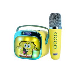  Sponge Bob bluetooth karaoke set with a blue and yellow backpack-style case and a yellow microphone with a blue body.