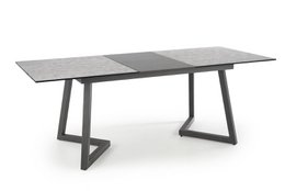  Gray extendable dining table, modern minimalist design, rectangular shape, seats multiple people, sleek metal legs