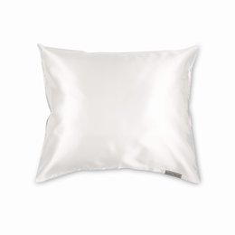 A large, square white pillow cover made of high-quality satin material. The pillow cover features the "Beauty Pillow" brand name printed on a label.