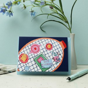 Grußkarte mit Aquarell-Tablett – Spruch „Gute Besserung“, handgemaltes Design