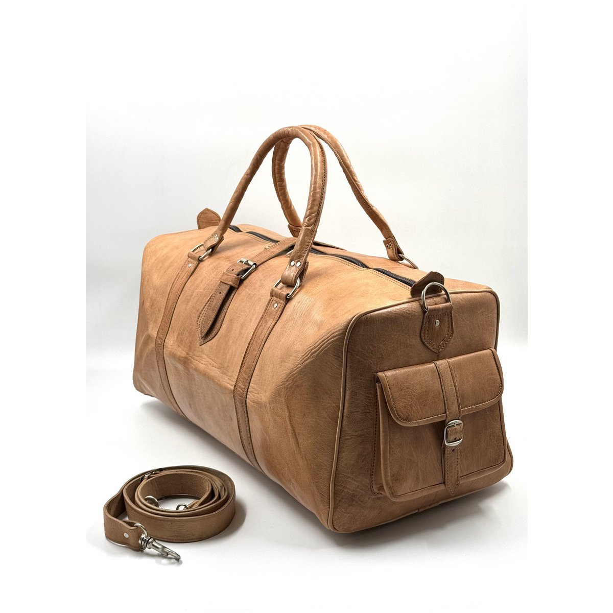 Borsa da viaggio grande in pelle marocchina fatta a mano - Borsone artigianale "Heritage" in marrone naturale organico