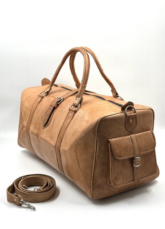 Håndlavet stor marokkansk læder rejsetaske – Artisan "Heritage" duffel i økologisk naturlig brun