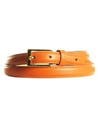 A 20 mm pebbled-grain leather belt in an orange color. The belt features a classic buckle closure and is available in sizes XS to XL.