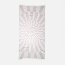 Silver gray striped geometric sunburst pattern hammam towel, lightweight cotton blend fabric.