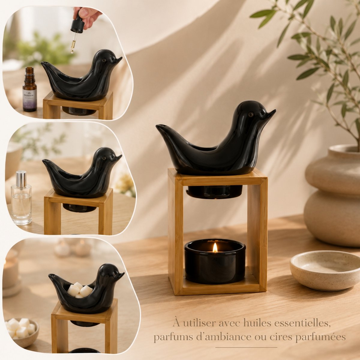 Brûle Parfum Série Naturea – Birdy Noir – Diffusion Huiles Essentielles, Cires Parfumées – Bougeoir Aromathérapie – Idée Décoration