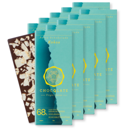 Organic chocolate bars with coconut, dark chocolate with coconut flavor, rectangular chocolate bars in teal packaging.