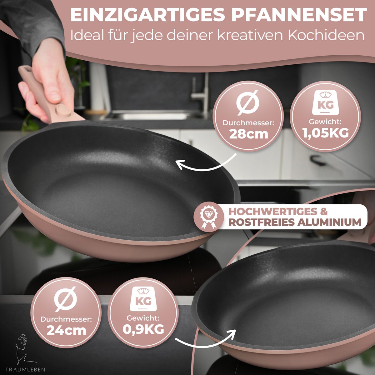 Zestaw PFANNET 24/28 cm nie powłoka, zdejmowane uchwyty, indukcja, festiwal piekarnika (różowy)